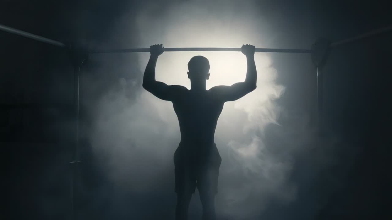 Uomo adulto a torso nudo che afferra una sbarra per trazioni partendo da appeso, eseguendo una trazione in palestra nella nebbia, illuminato da dietro, in allenamento.