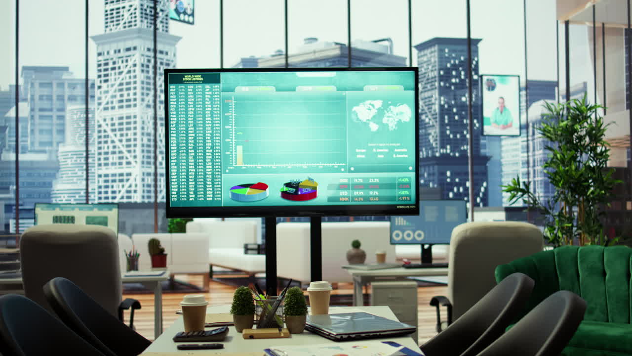 상세한 분석을 표시하는 컴퓨터를 갖춘 고급 비즈니스 사무실