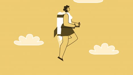 el personaje plano de la mujer de estilo amarillo vuela fuera del teléfono inteligente con la mochila del jetpack. animación aislada con el canal alfa
