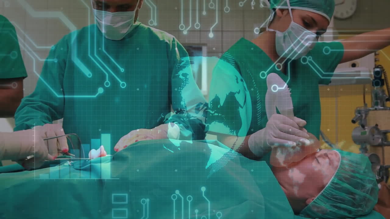 Medical professionals performing surgery with global health data animation over them