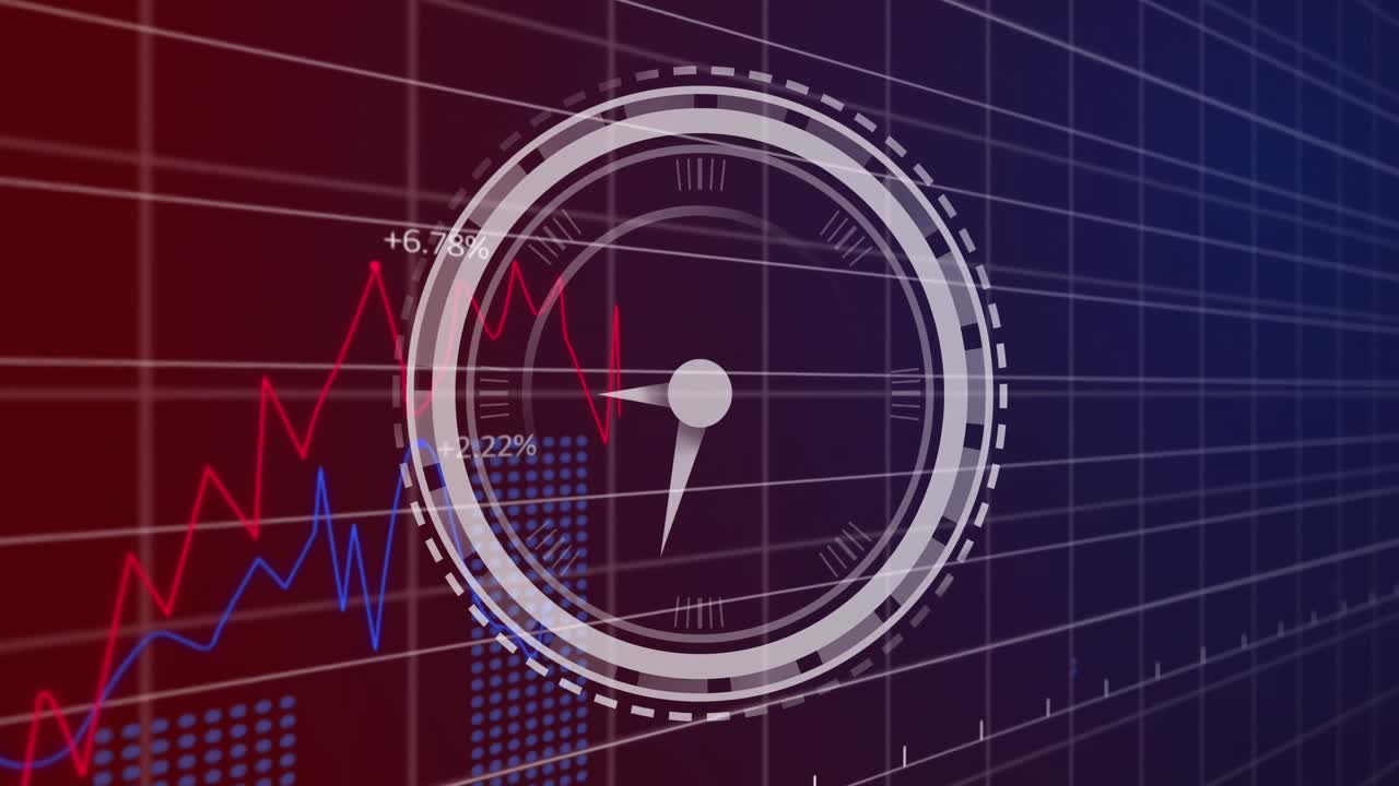 animación del reloj en el procesamiento de datos estadísticos contra un fondo de gradiente púrpura