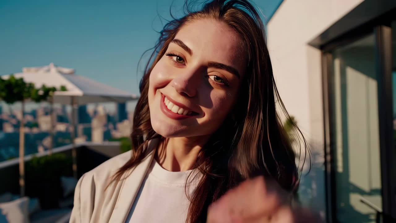 Smiling Woman on Rooftop Terrace