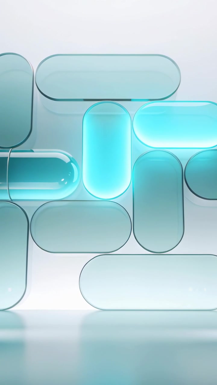 Vertical video: Pulsing cyan capsule sliding rotating on studio wall activating glass tiles
