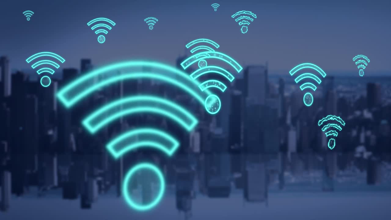 animación de iconos wifi digitales que vuelan sobre el paisaje urbano