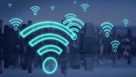 animation of digital wifi icons flying over cityscape