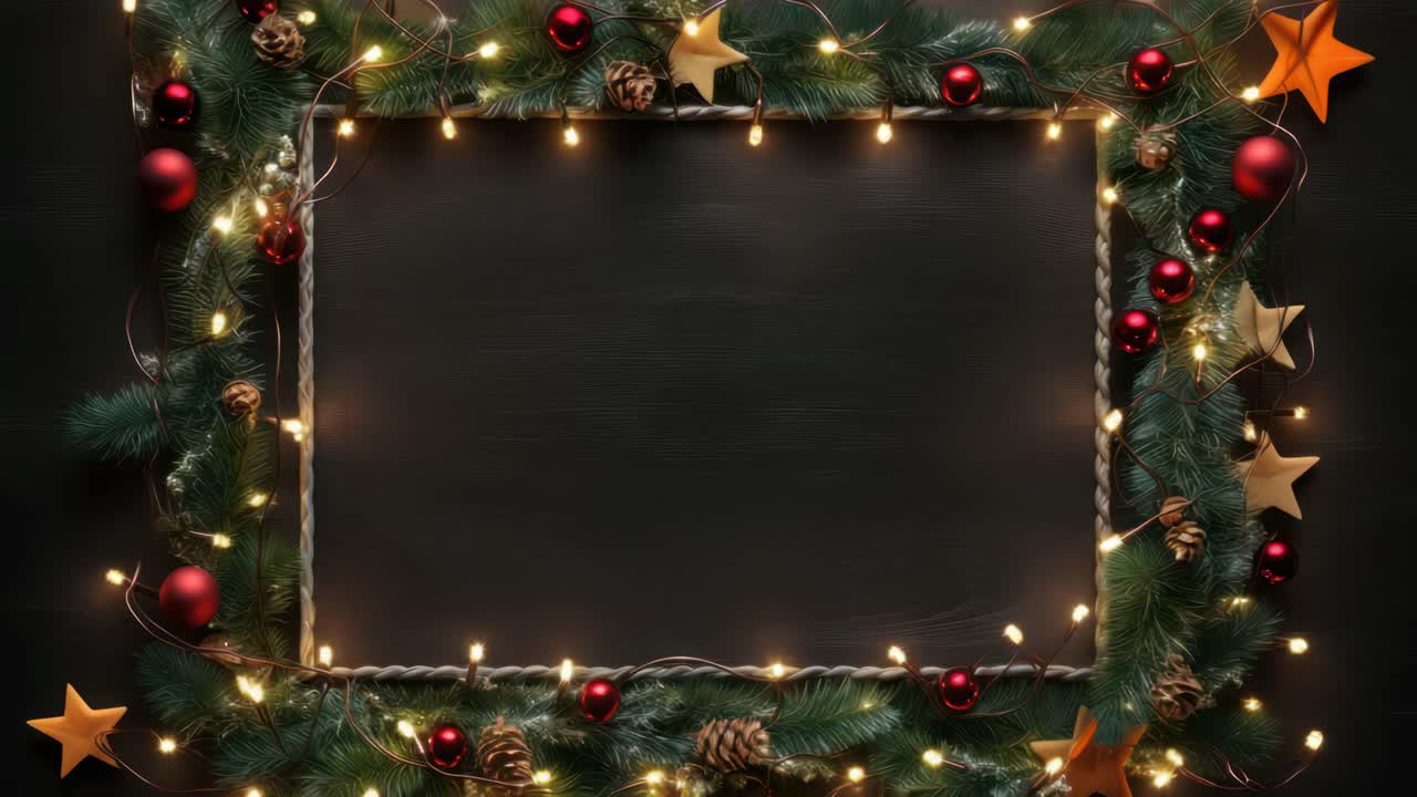 Top-down view of a festive Christmas frame with lights, pinecones, and ornaments, perfect