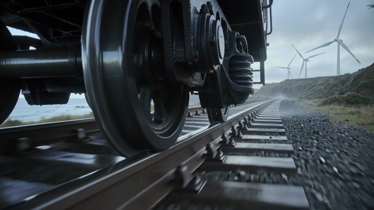 Engine powering rolling wheel and axle passing low camera for coastal travel, kicking gravel