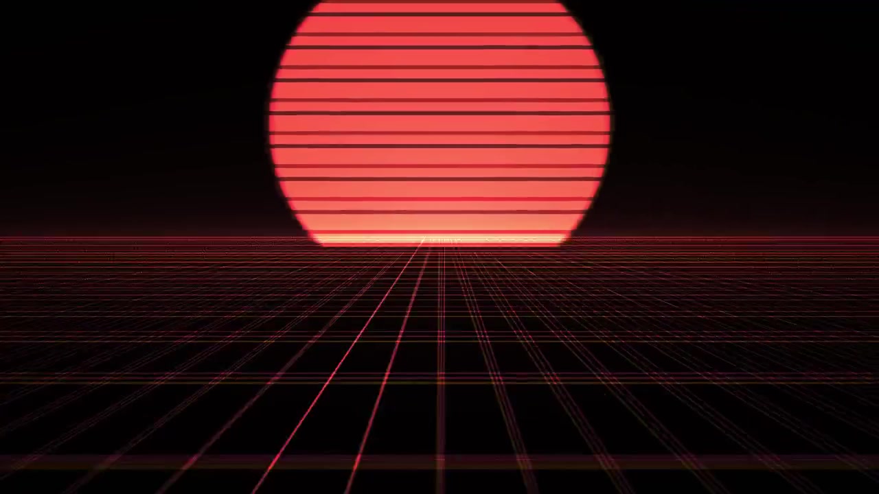 Paesaggio a griglia in stile Retro Synthwave con sole rosso splendente