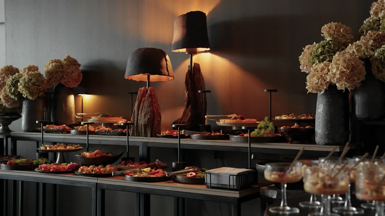 Luxurious indoor buffet setup with gourmet appetizers, stylish decor, and warm lighting, perfect for elegant events, receptions, or high-end catering promotions, slowmotion