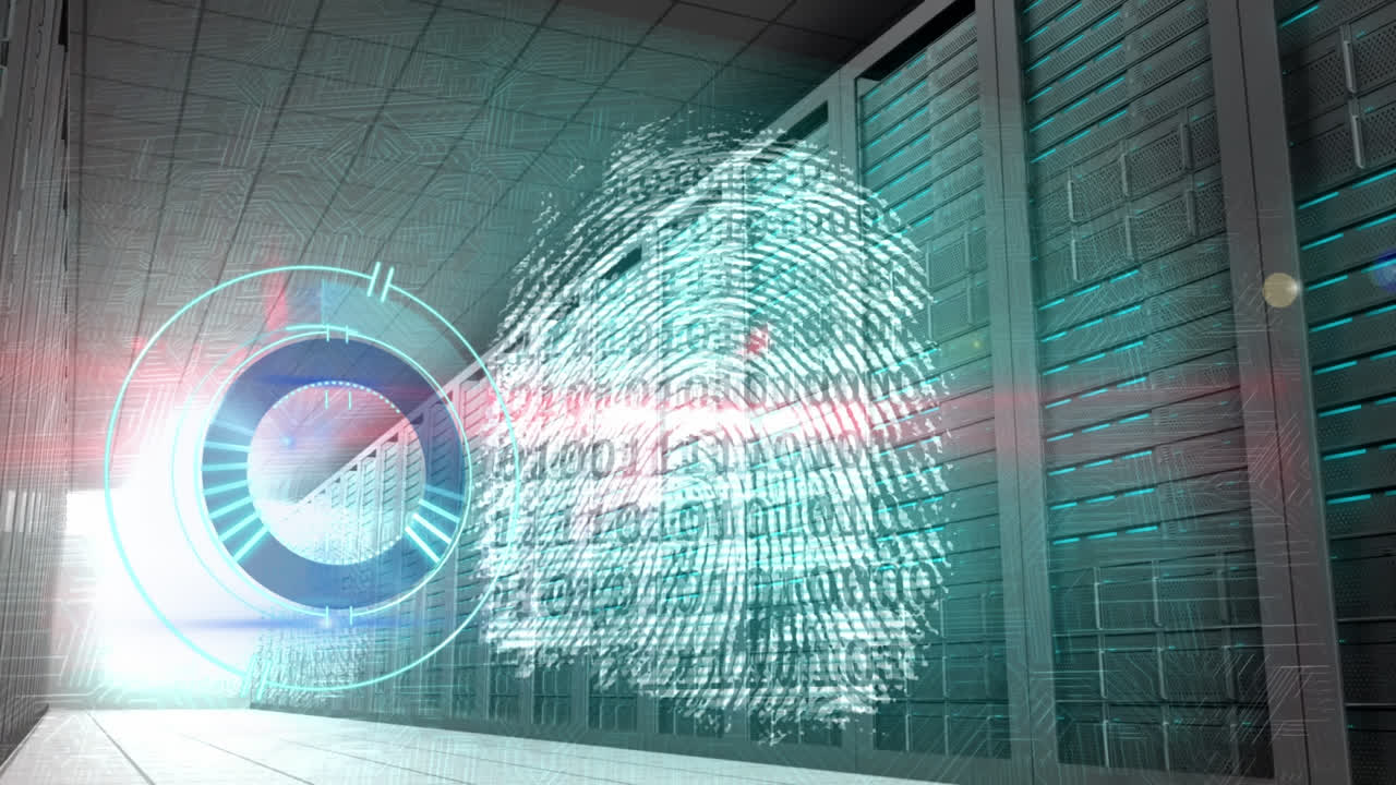 animación del círculo de procesamiento y las huellas dactilares sobre la sala del servidor