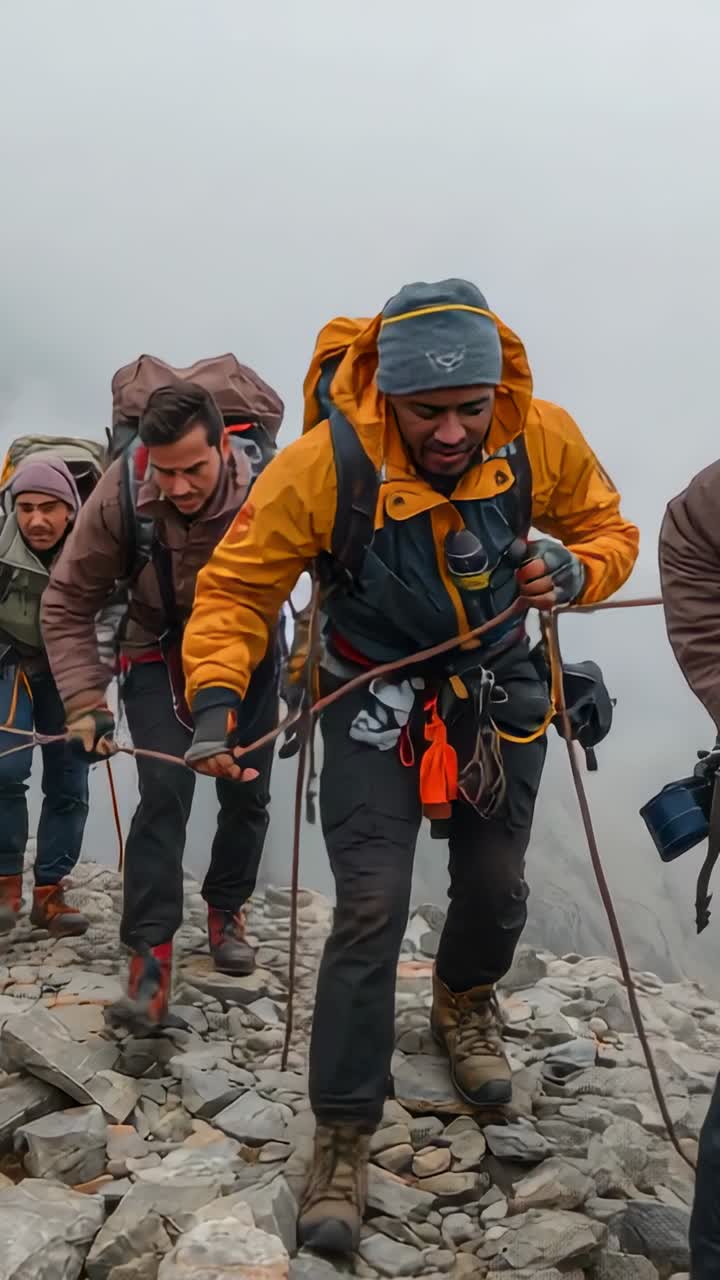 Video verticale: uomo che guida l'arrampicata con un cappotto arancione che usa una corda con ghiaione, forzando passi decisi sulla cresta