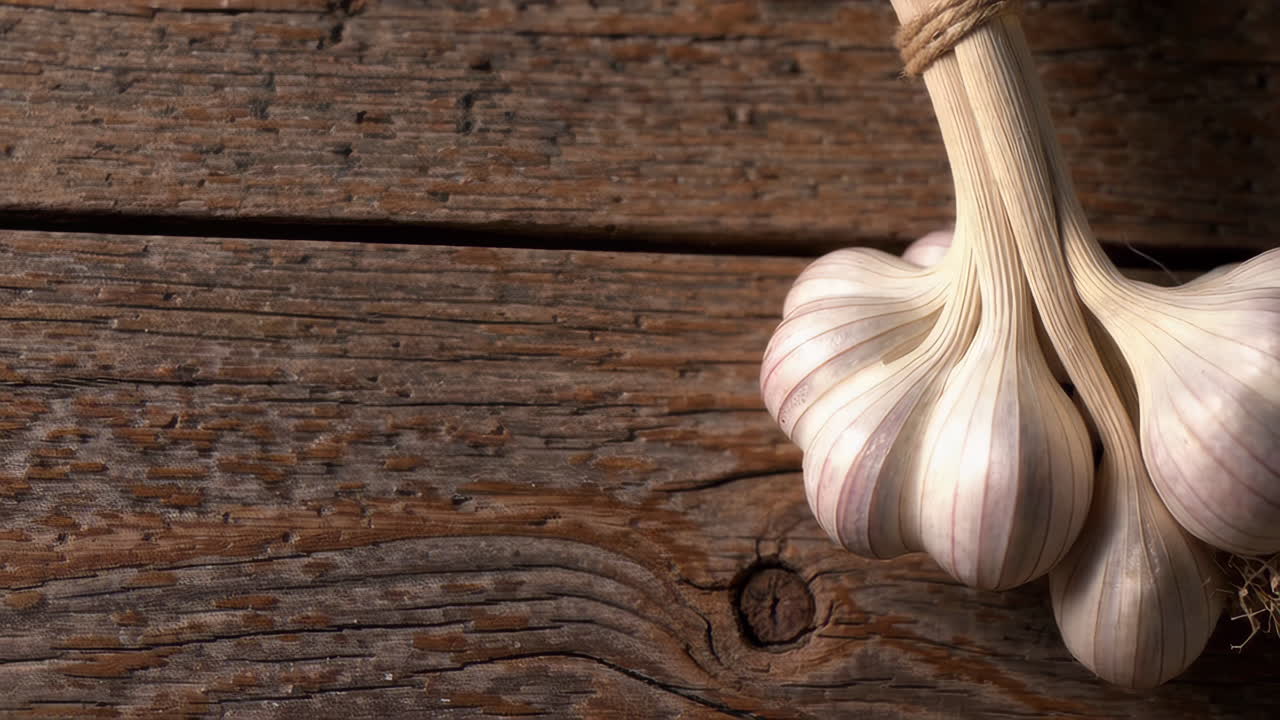 Garlic bulbs on a rustic wooden background