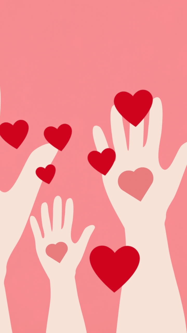 animación de corazones y manos sobre fondo rosa