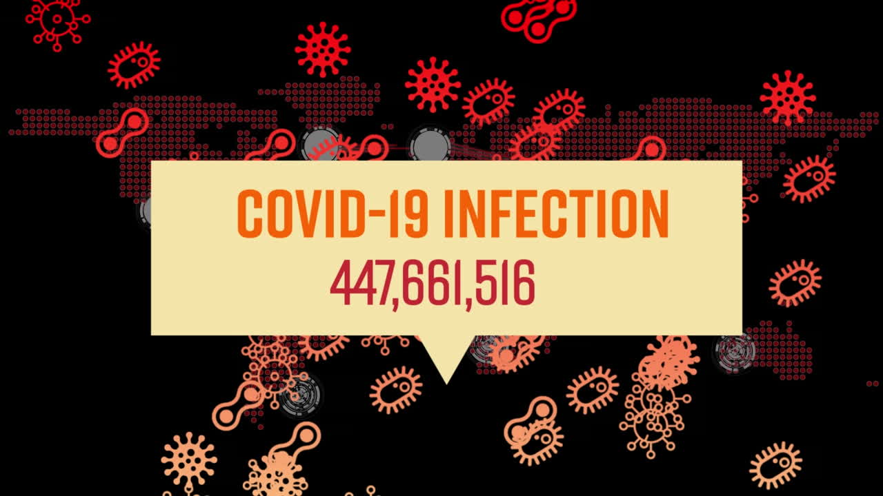 세계 지도 위의 코로나19 텍스트 애니메이션