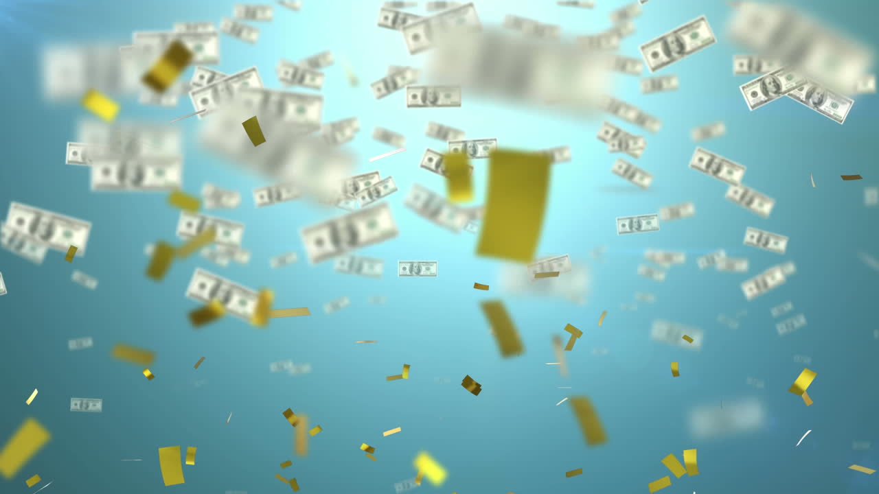 Animation von Konfetti und amerikanischen Dollarnoten, die auf blauem Hintergrund fallen.