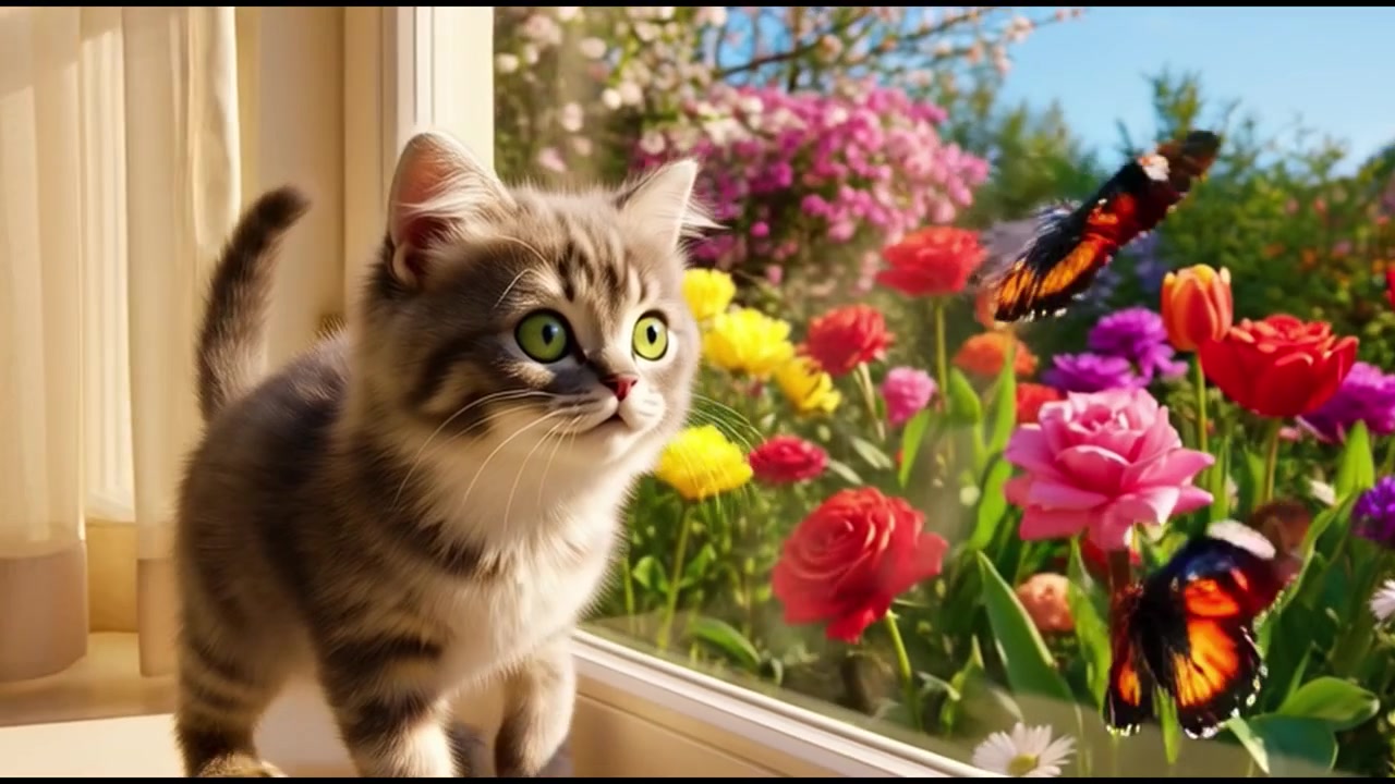 Anak Kucing Lucu Menonton Kupu-kupu Melalui Jendela di Taman Bunga