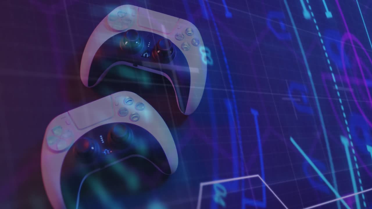 Animação de varredura e processamento de dados sobre controles de videogame.