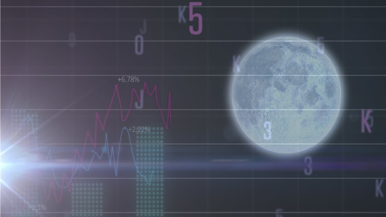 Animation of changing numbers and alphabets and statistical data processing against moon
