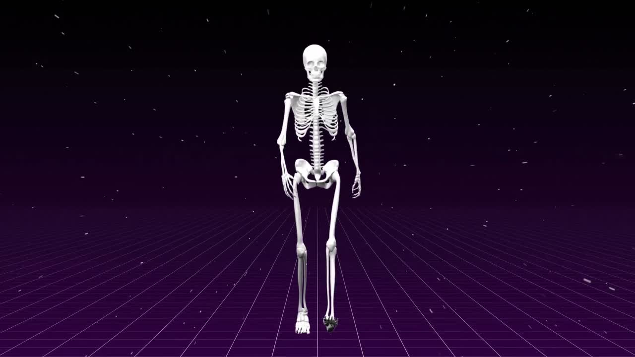 esqueleto humano caminando en el fondo púrpura