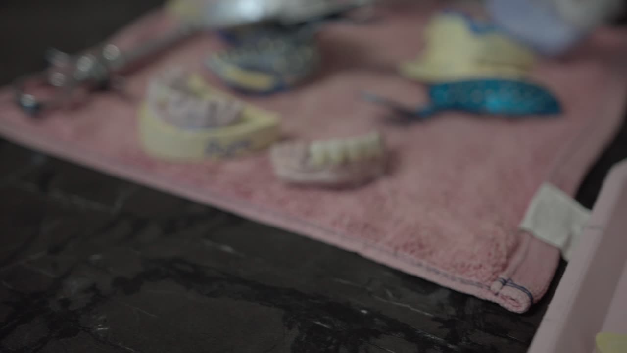 Dental plaster casts and tooth models arranged on tray for prosthetic planning
