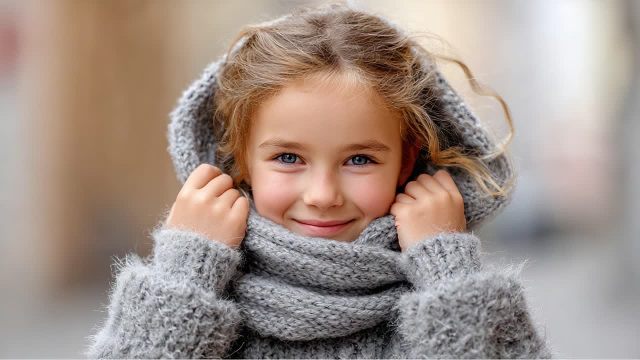 Un bambino gioioso si abbandona al tepore dell'inverno, avvolto in un comodo maglione e una sciarpa grigi, irradiando felicità e comfort in un contesto urbano