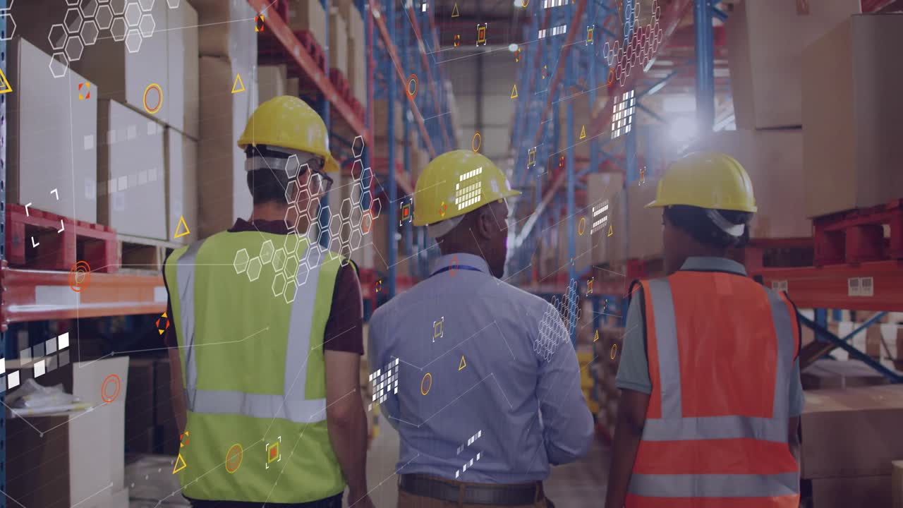 Warehouse staff walking aisle and revealing AR overlays while gesturing inspecting inventory
