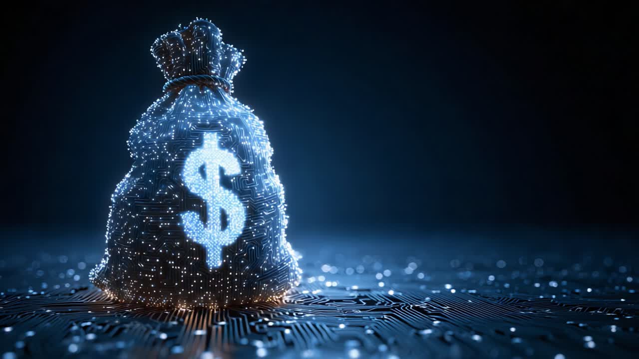 A Luminous Digital Money Bag Symbolizing Wealth and Prosperity in a High-Tech Environment with Glowing Particles and a Striking Dollar Sign Design
