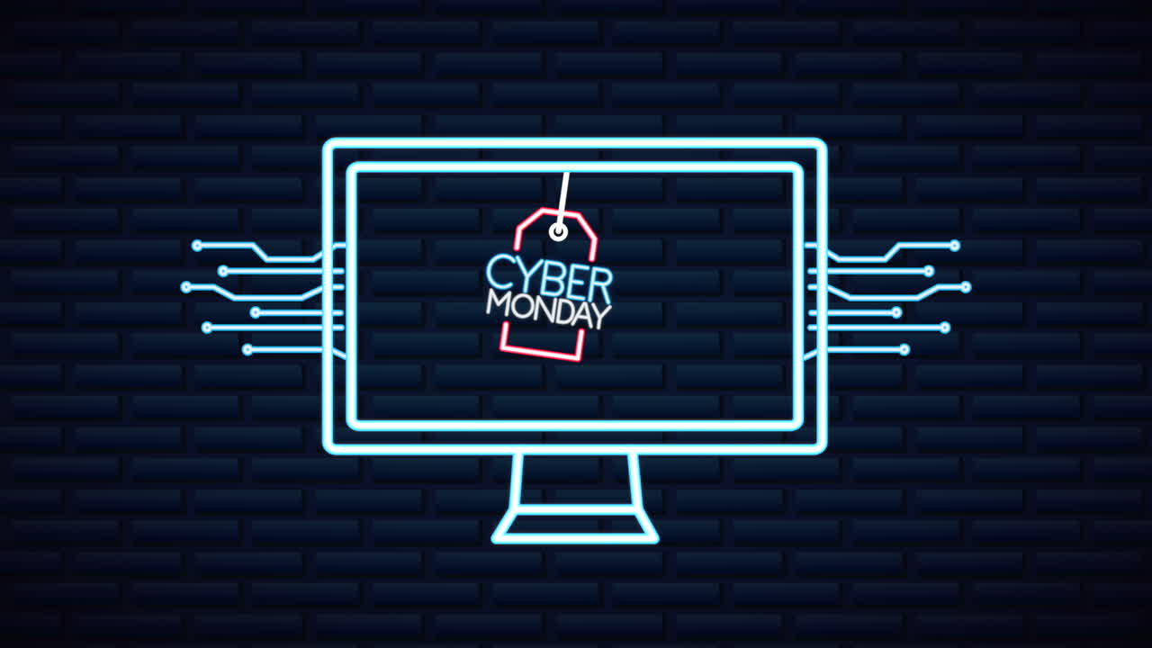 cyber monday neon lights animation with desktop