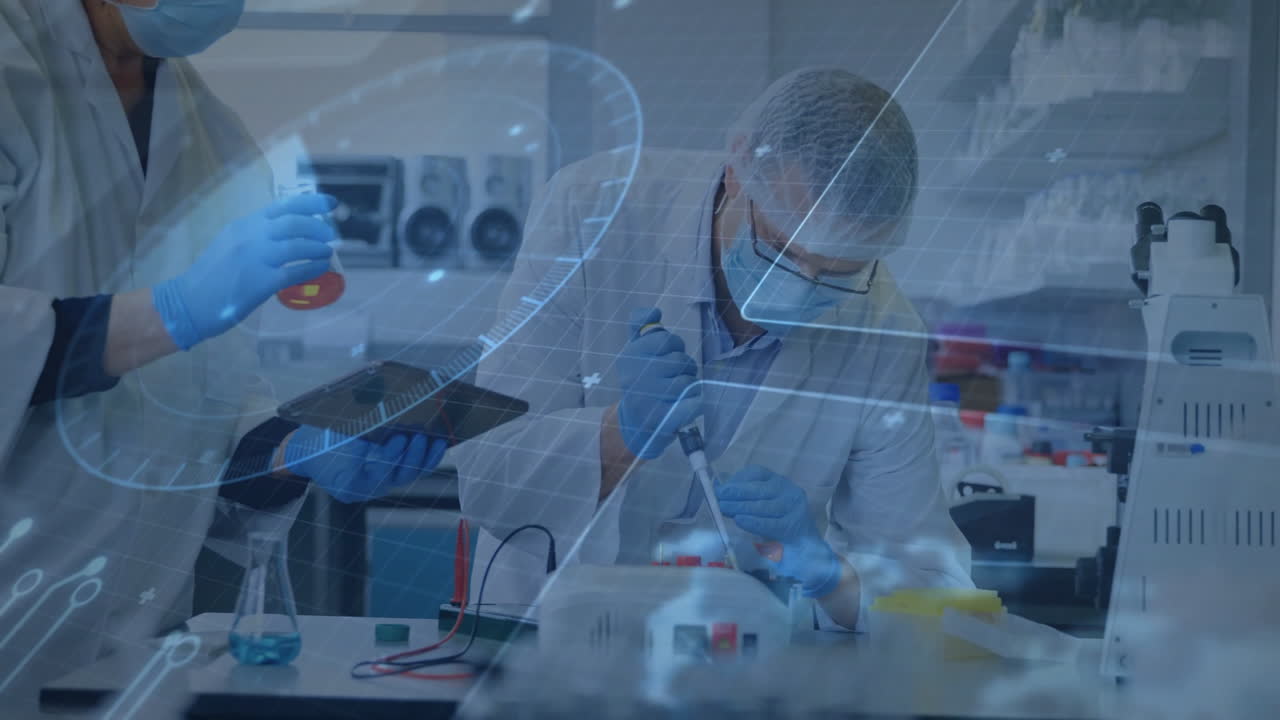 Scientists working in laboratory with digital data processing animation overlay