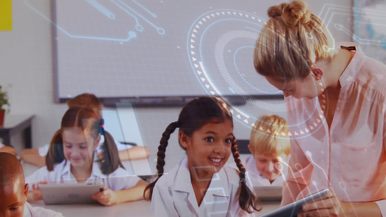 Education teacher guiding student tapping tablet with hologram highlighting touchscreen progress