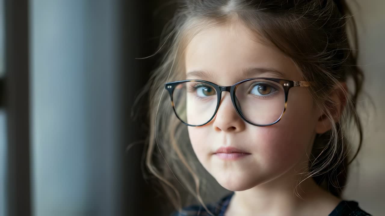 Young girl wearing eyeglasses demonstrating range of thoughtful, inquisitive expressions while adjusting frames with subtle variations in mood and perception during studio portrait session