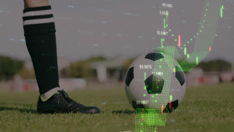 animación de datos del mercado de valores sobre el jugador de fútbol y la pelota en el campo de hierba