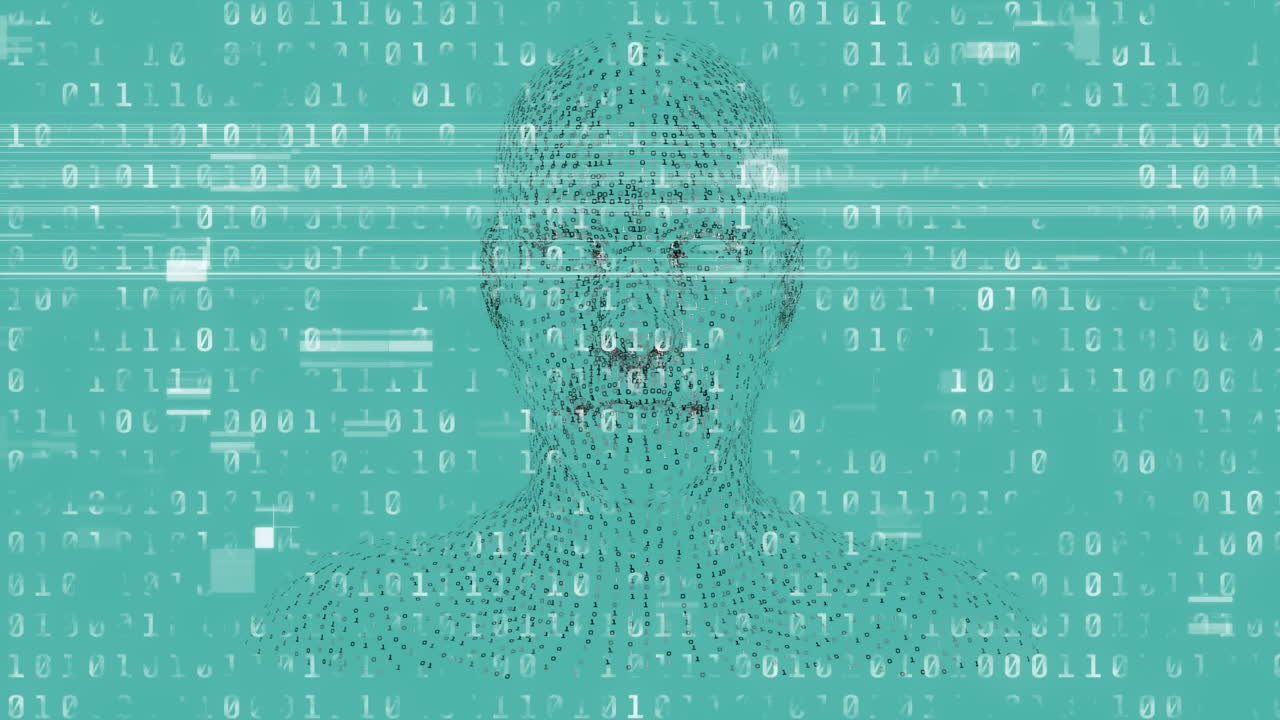 animación de la cabeza humana sobre números de codificación binaria en fondo verde