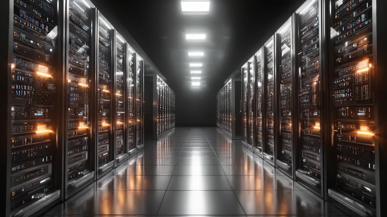 A High-Tech Data Center: Rows of Sleek Server Racks Illuminated by Bright LED Lights, Showcasing the Modern Infrastructure of Cloud Computing Operations