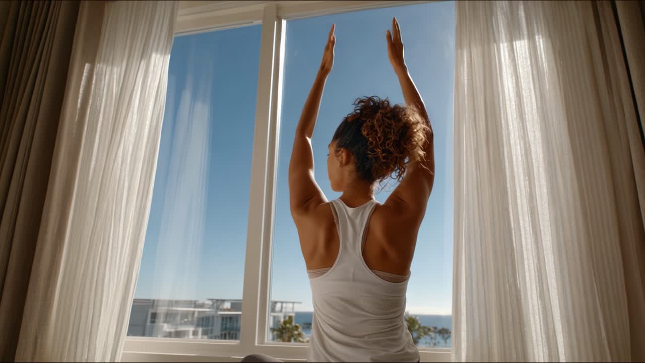Una serena pratica yoga mattutina accanto a una grande finestra, che evidenzia la bellezza della natura e la tranquillità con un cielo azzurro limpido e la luce del sole che filtra.