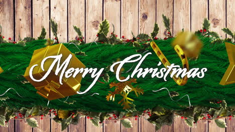 animation of merry christmas text over christmas decorations on wooden background