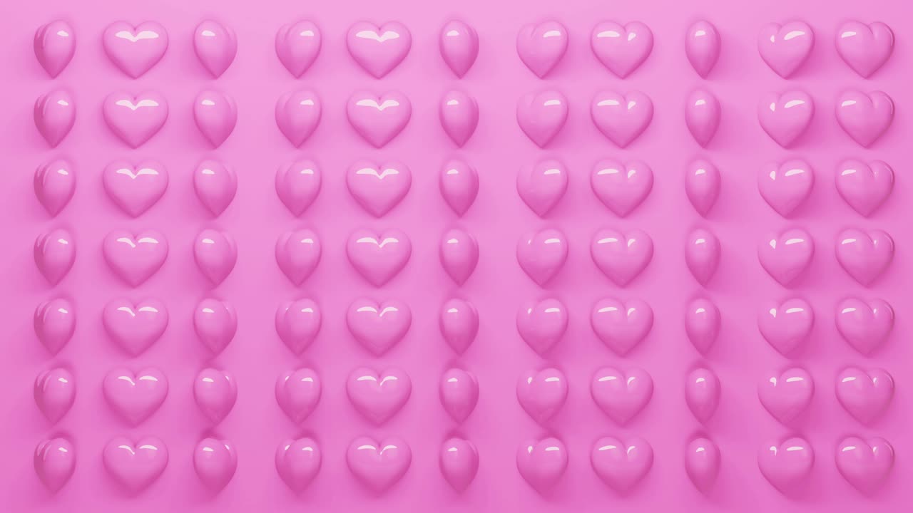 Cuori rosa 3D disposti in un motivo, la forma a cuore continua a ruotare.