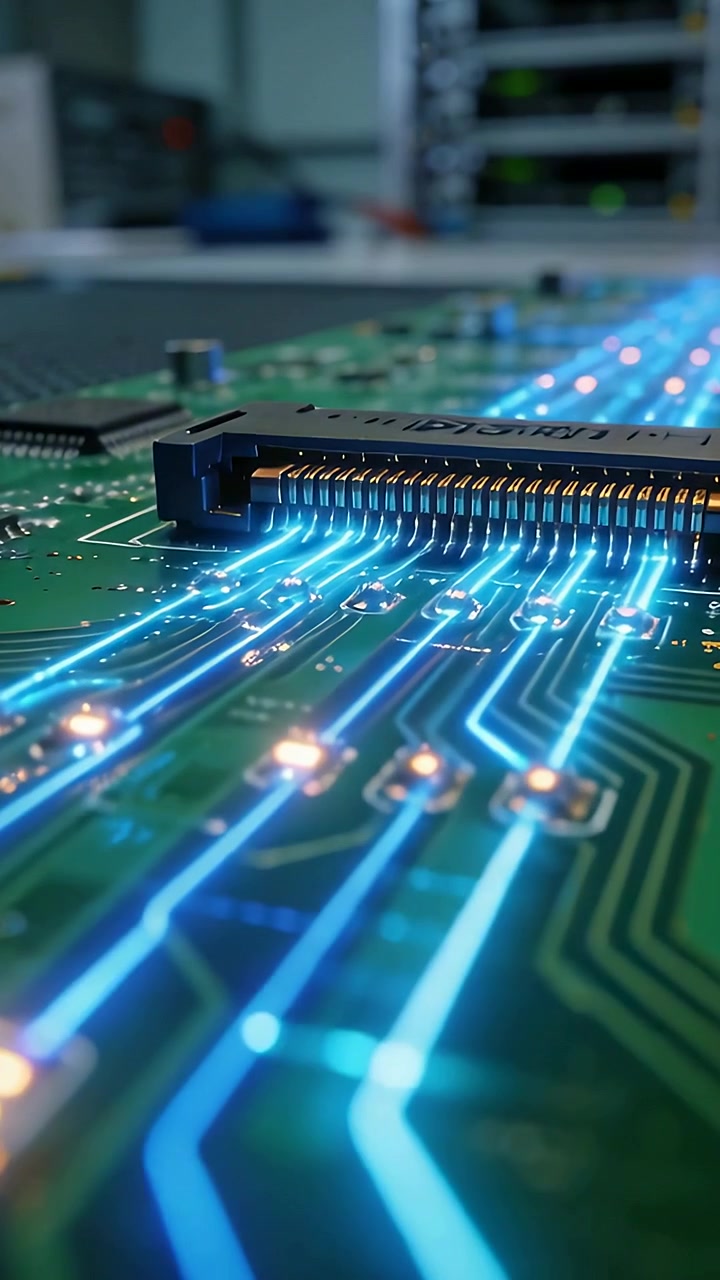 Vertical video: Powering PCB and FFC connector, sending blue signal pulses along traces for test
