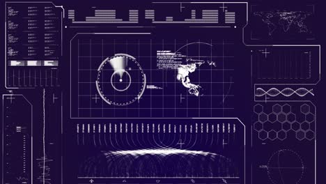 Animation-of-radar,-globe,-loading-bars,-dna-helix,-soundwave,-map-on-abstract-background