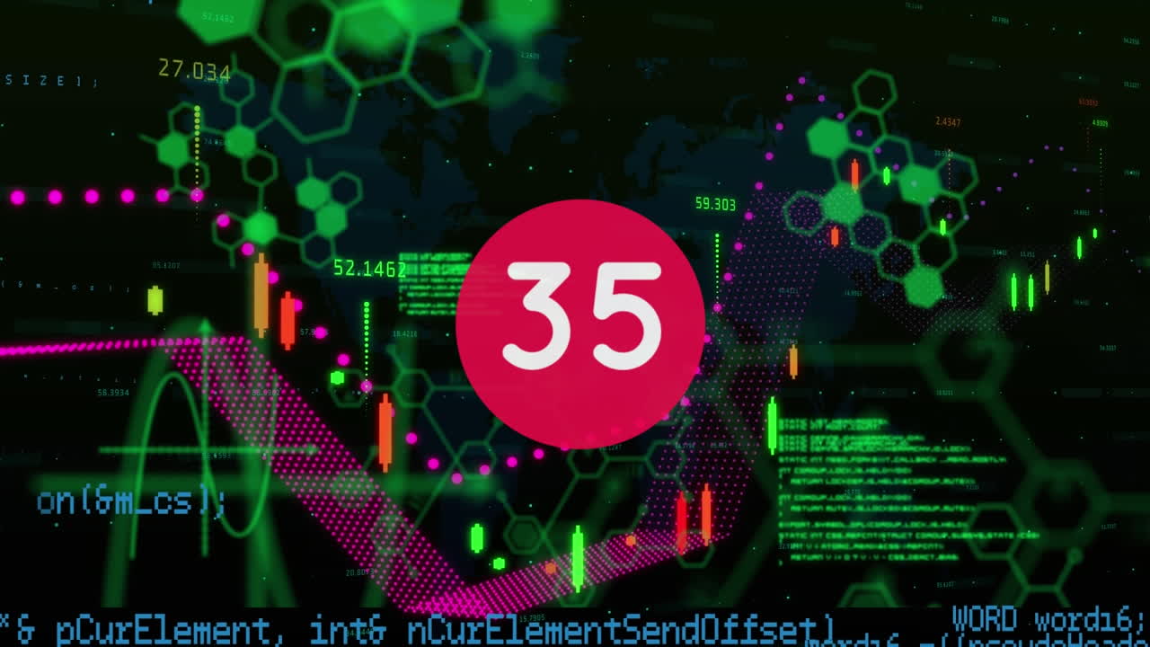 검은색 배경에 있는 그래프와 과학적 데이터 위에 증가하는 숫자의 애니메이션