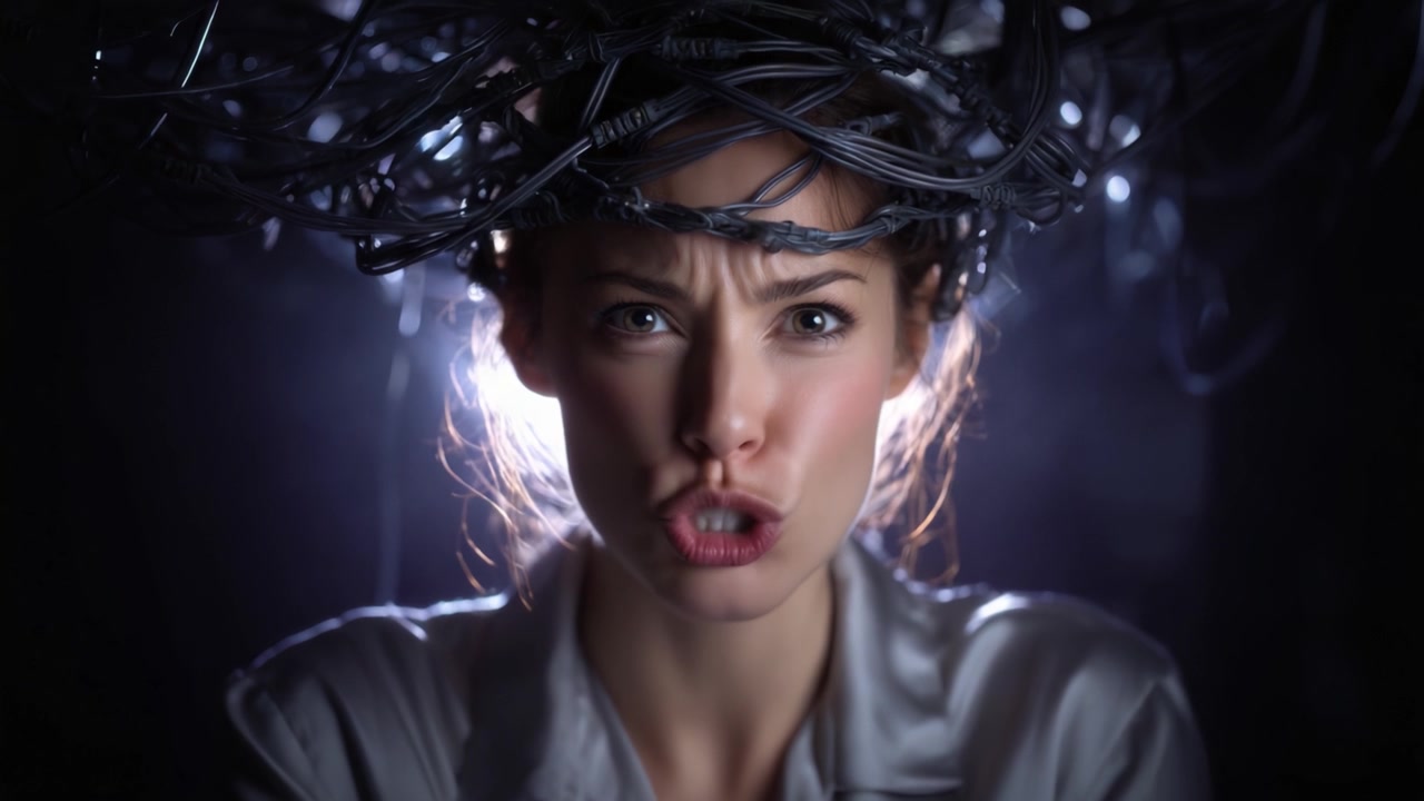 A woman with a distressed expression, entangled in wires, conveys themes of confusion, anxiety, and technology in a dramatic and visually striking manner.