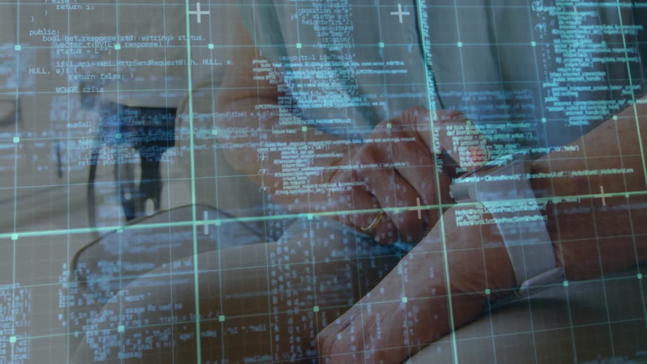 Hands typing on keyboard with digital code and grid overlay animation