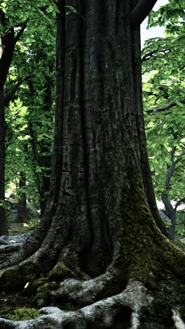 closeup of a tree trunk with exposed roots and green moss in a forest