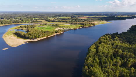 aerial high angle of likteņdārzs monumental landscape ensemble in koknese, latvia.near the koknese castle ruins on an island of daugava