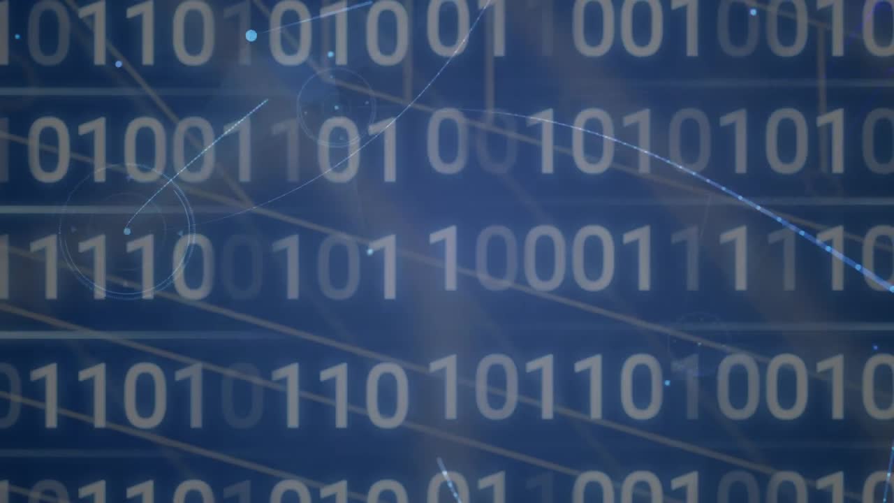 Animation of networks of connections and data processing over black background