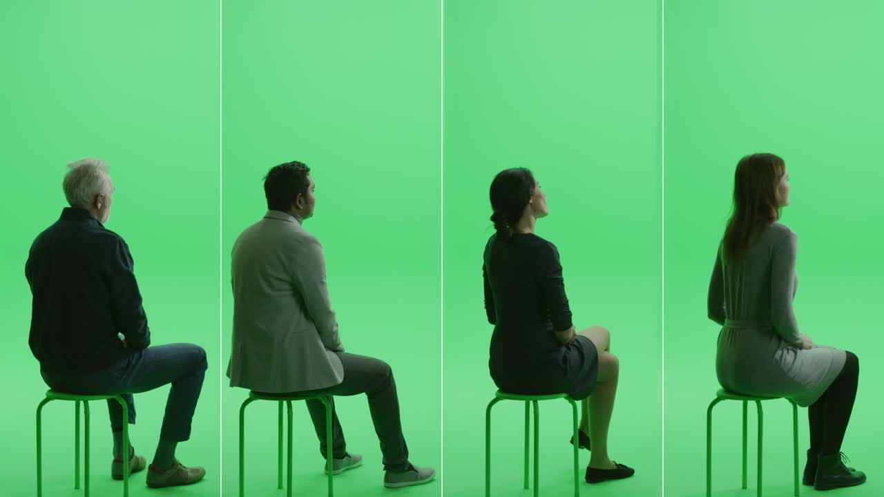 4 인 1 녹색 스크린 콜라지: 두 남녀가 크로마 키 의자에 앉아있는 측면 뷰 전체 스플릿 스크린, 컨퍼런스, 관객 개념, 여러 클립, 최고의 가치 패키지