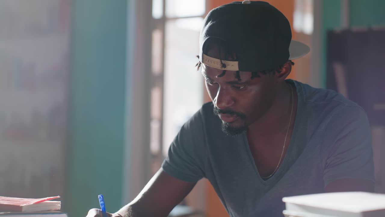 Young man in library leans over desk with pen, eyes fixed on work, immersed in intense study beside stacked books as sunlight glows through window, creating mood of deep focus and determination