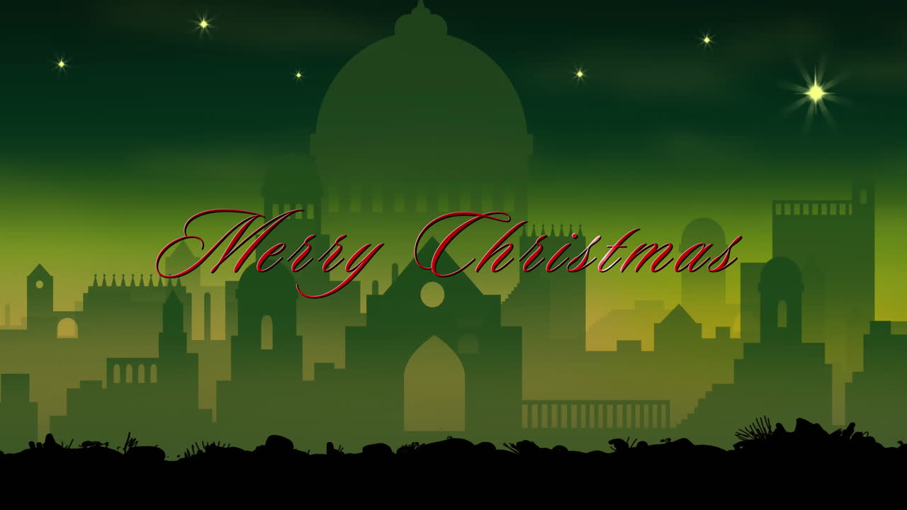 animación de texto de feliz navidad sobre la ciudad en fondo verde