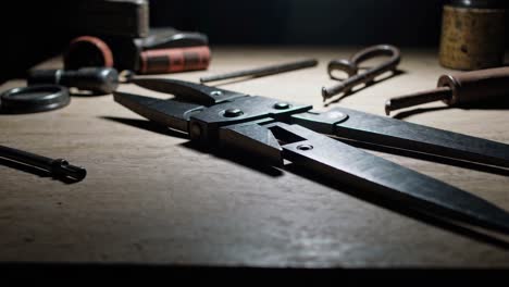 close-up view of various tools on a wooden surface