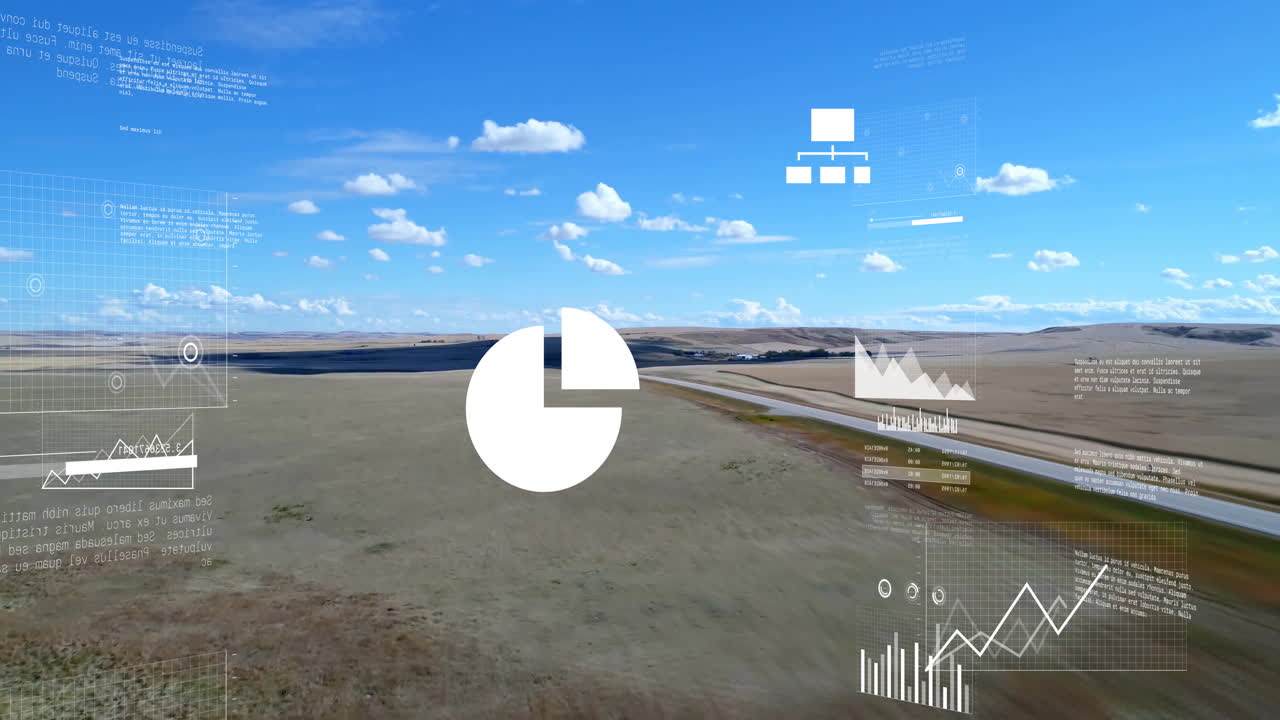 Data visualization graphics overlaying aerial view of landscape in animation